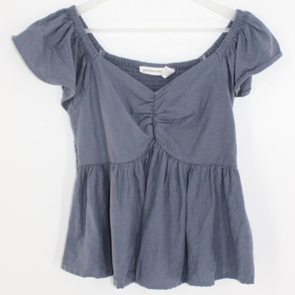 Midnight Sky Babydoll Top Smocked Back Flutter Sleeve‎ Medium Blue Grey